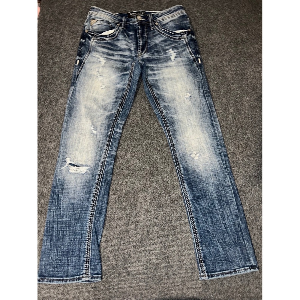 Salvage Supply Co Havoc Straight Slim Fit Jeans Blue Distressed Buckle 31S